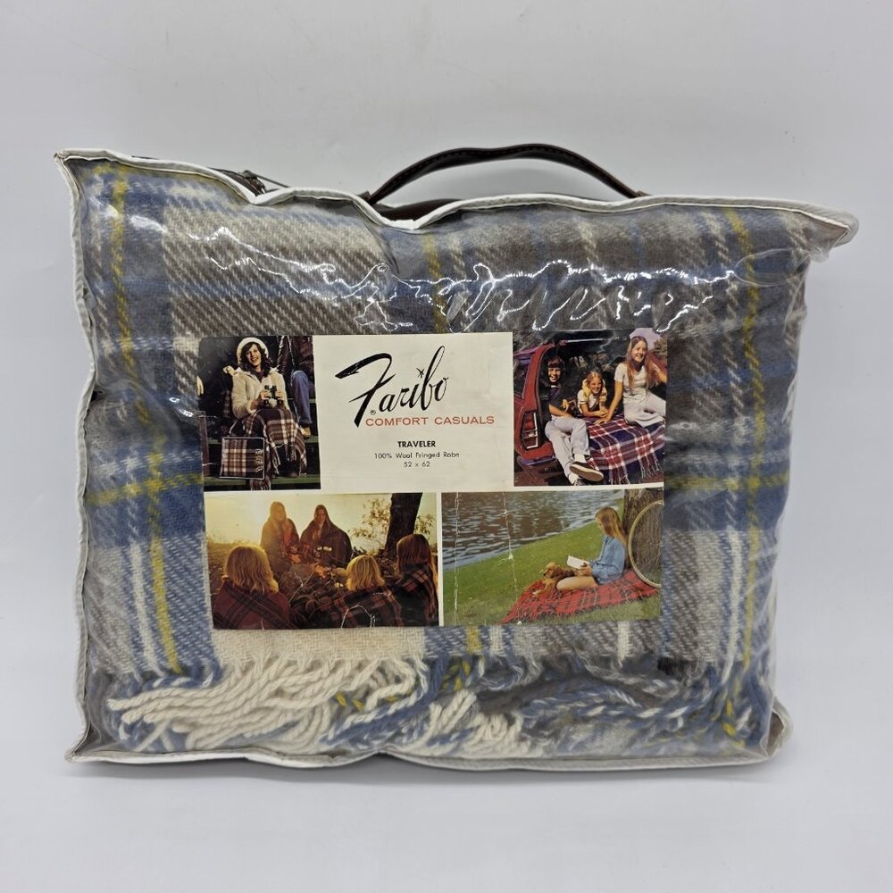 Faribo Traveler Plaid Wool Blanket Blue Plaid 52x62 In Carry Case Fringe NEW‎